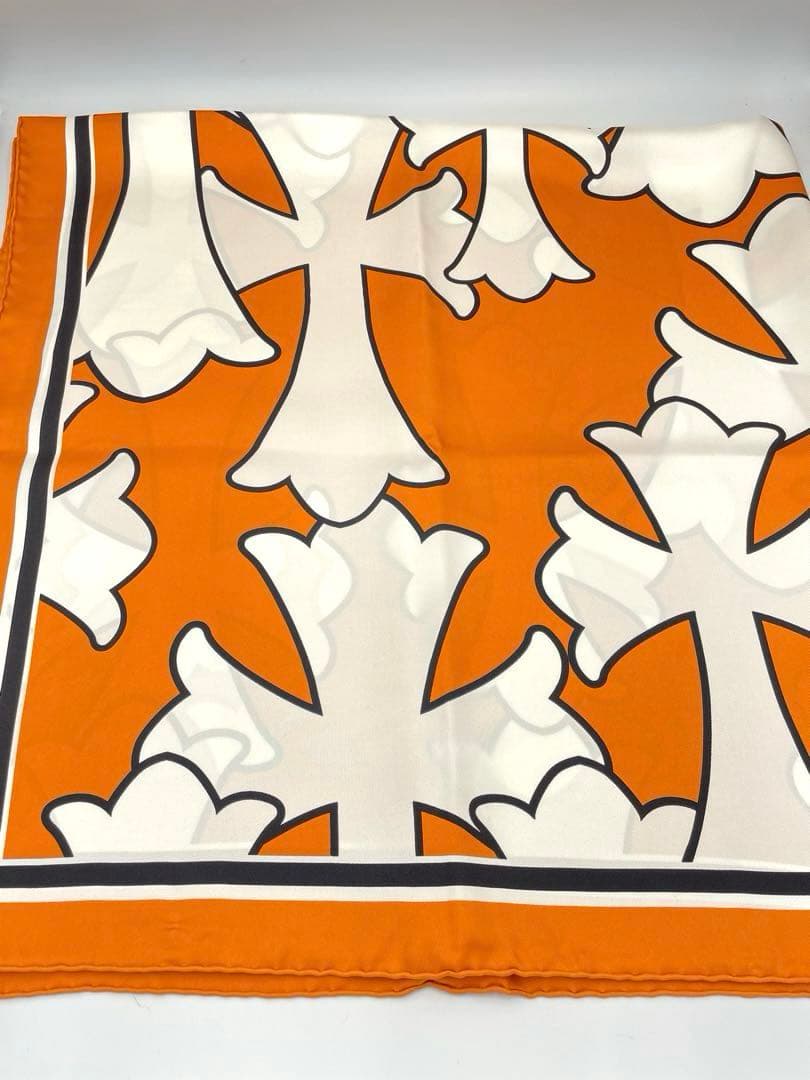 【美品】クロムハーツ セメタリークロス シルク スカーフ オレンジ