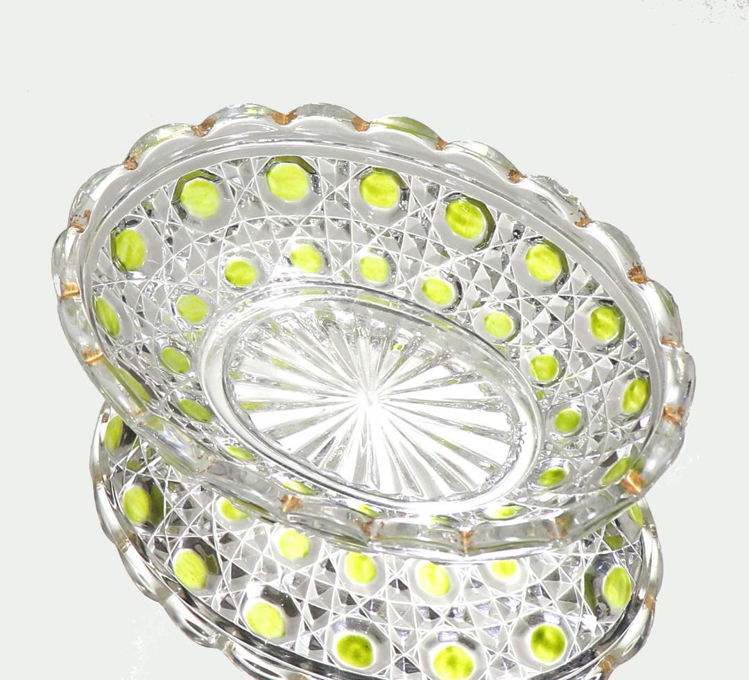 オールド・バカラ 上級作品 黄緑色被せ エナメル彩 金彩 切子 小皿 ディアマン