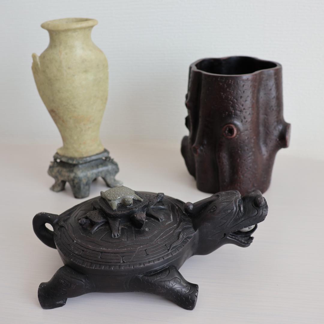 石彫刻花瓶 紫砂筆筒 ⻲型硯 まとめ売り