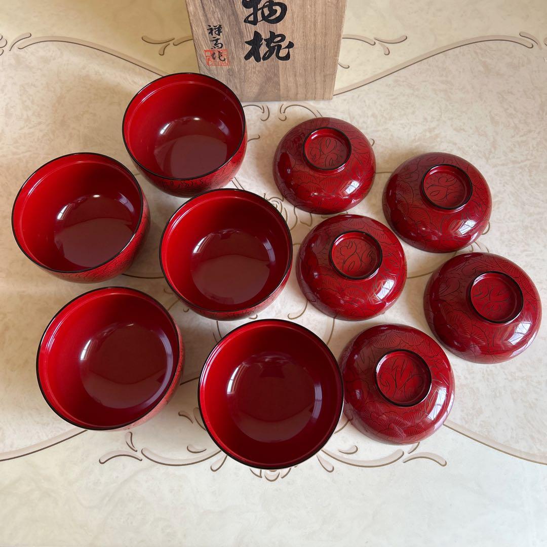 会津塗　本朱塗　牡丹彫　蓋付きお吸物椀　雑煮椀　お椀　5客セット　漆器　汁椀
