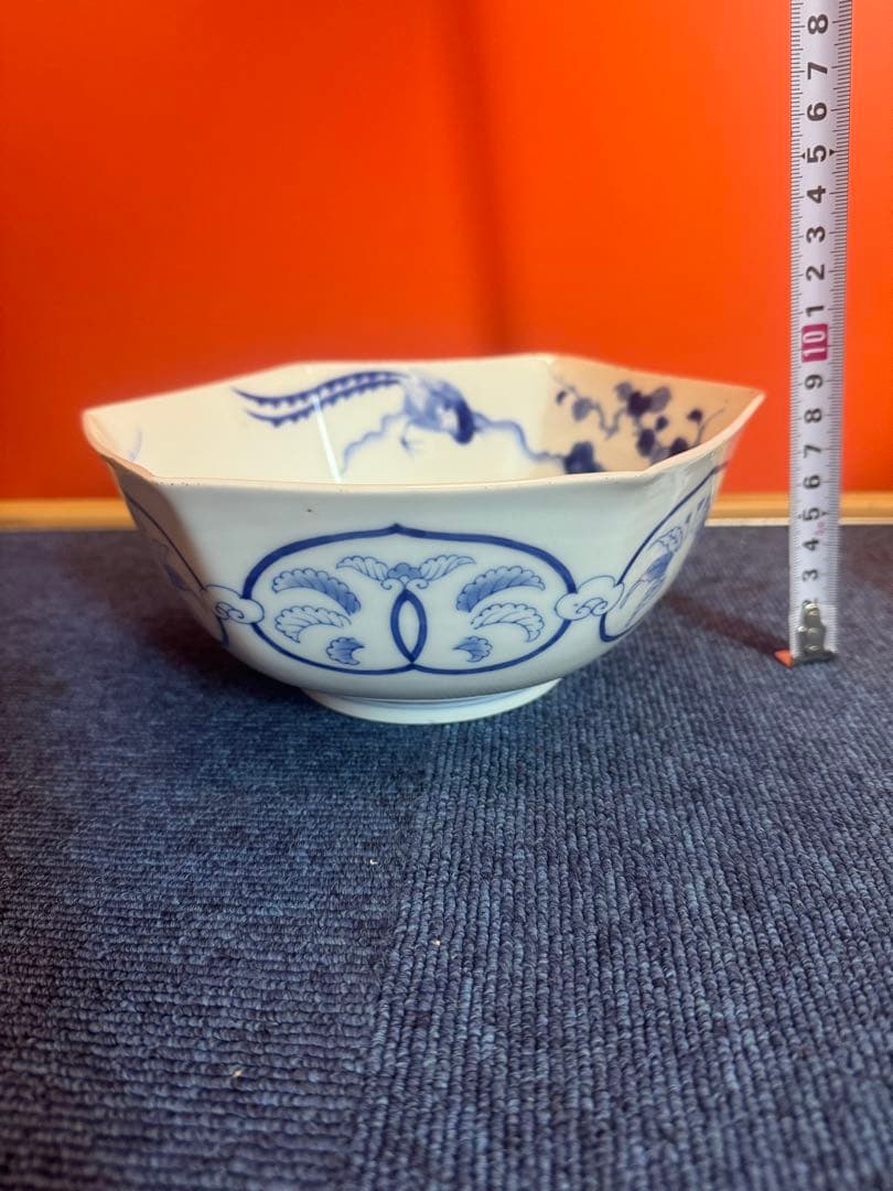 1885 香蘭社　染付鳳凰文　六角深鉢　2客　時代物