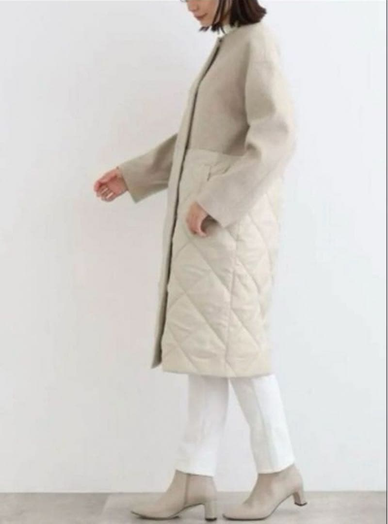期間限定インディヴィキルト素材 ウール切替えノーカラーロングコートベージュM