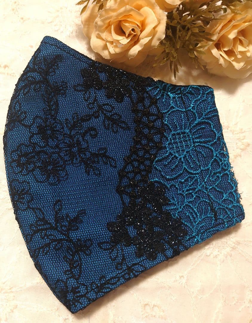 Ｎｏ．2239 ペールブルー✕ブラック花柄チュールレース♡ハンドメイドマスク