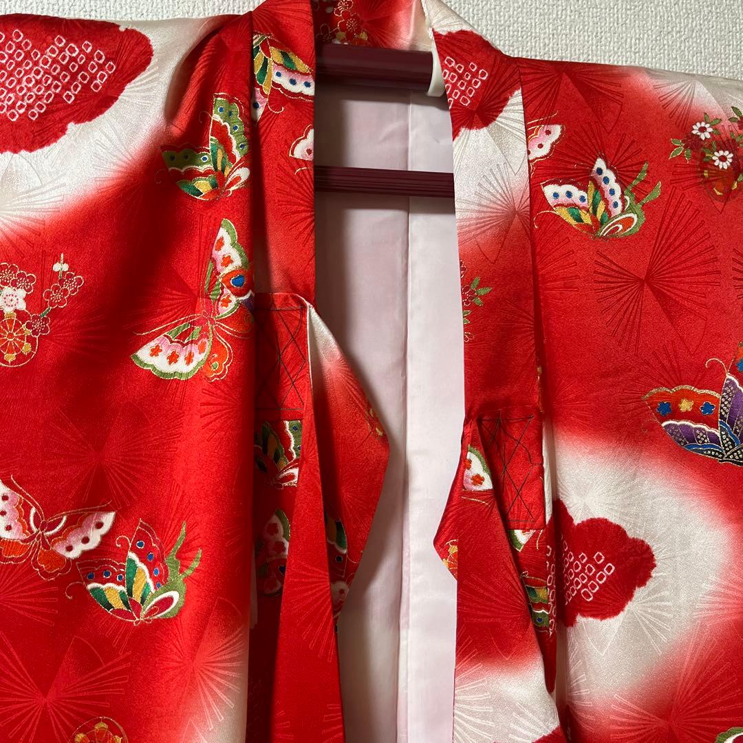 七五三　7歳　着物　正絹　赤　アンティーク　かのこ　蝶