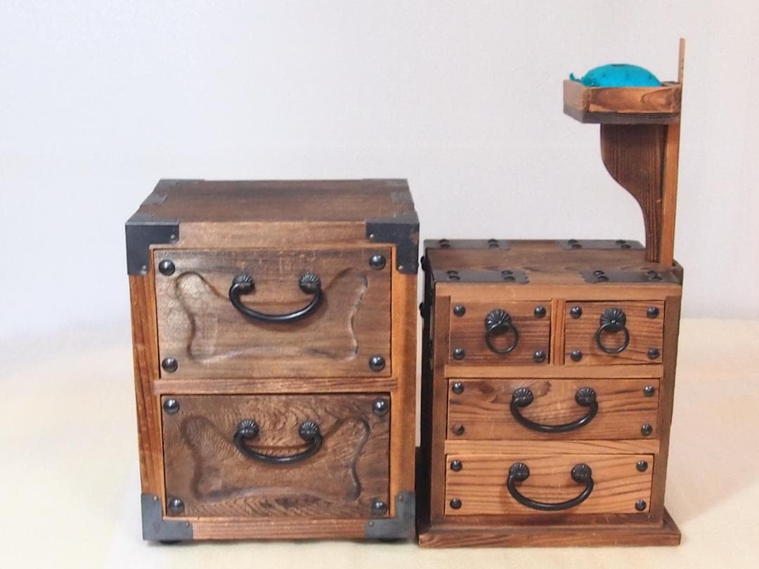 【良品】焼杉 隠し収納付き小引き出し＆裁縫箱 からくり収納/針箱 家具インテリア