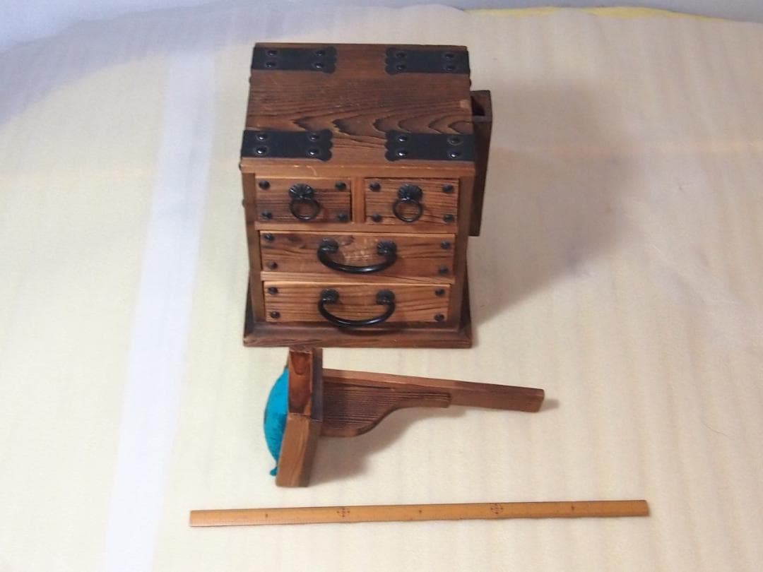 【良品】焼杉 隠し収納付き小引き出し＆裁縫箱 からくり収納/針箱 家具インテリア