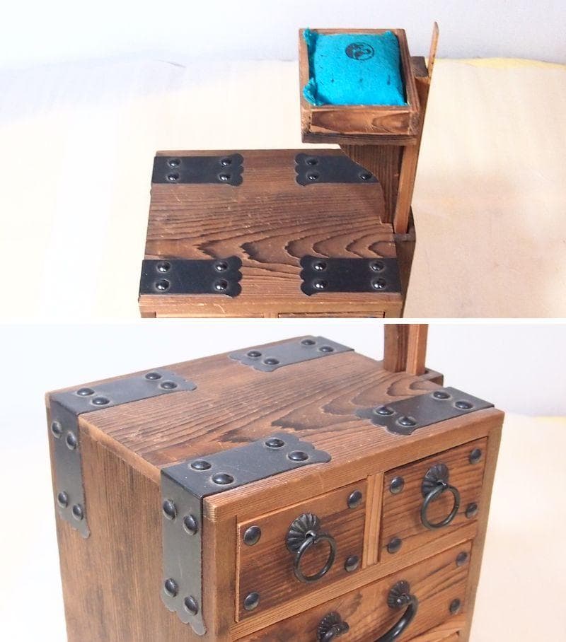 【良品】焼杉 隠し収納付き小引き出し＆裁縫箱 からくり収納/針箱 家具インテリア