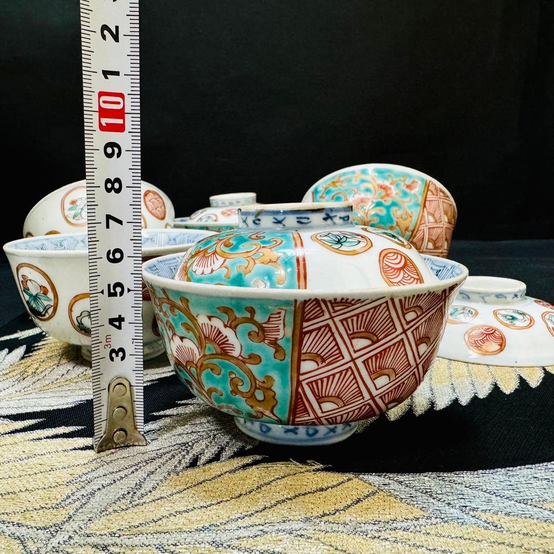 有田焼　古伊万里　染錦染付唐花草　蓋付き茶碗　5客