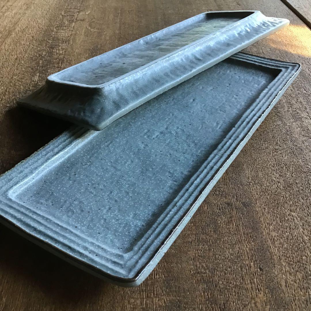 ikaringです。新品美濃焼ブルーグレーリム茶渕長皿　さんま皿6枚セット