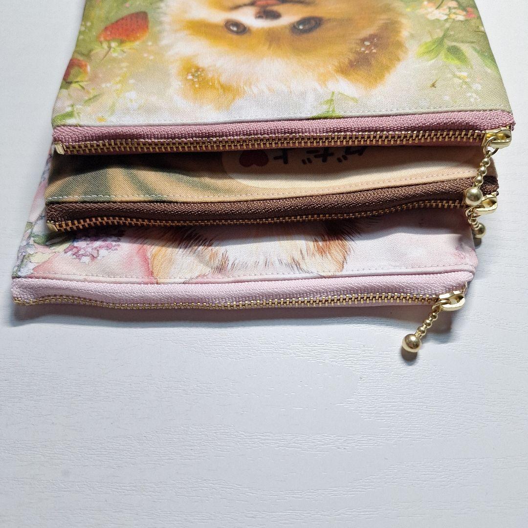 ポメラニアンパネル生地　ハンドメイド　フラットポーチ