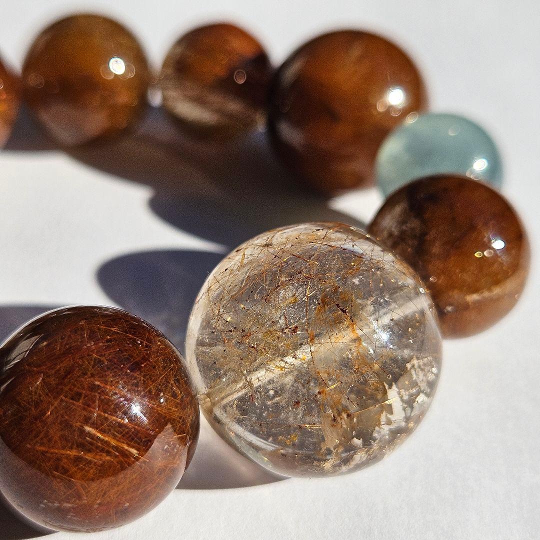 ブラウンルチルクォーツ×アクアマリン　ブレスレット　天然石　一点物　キラキラ