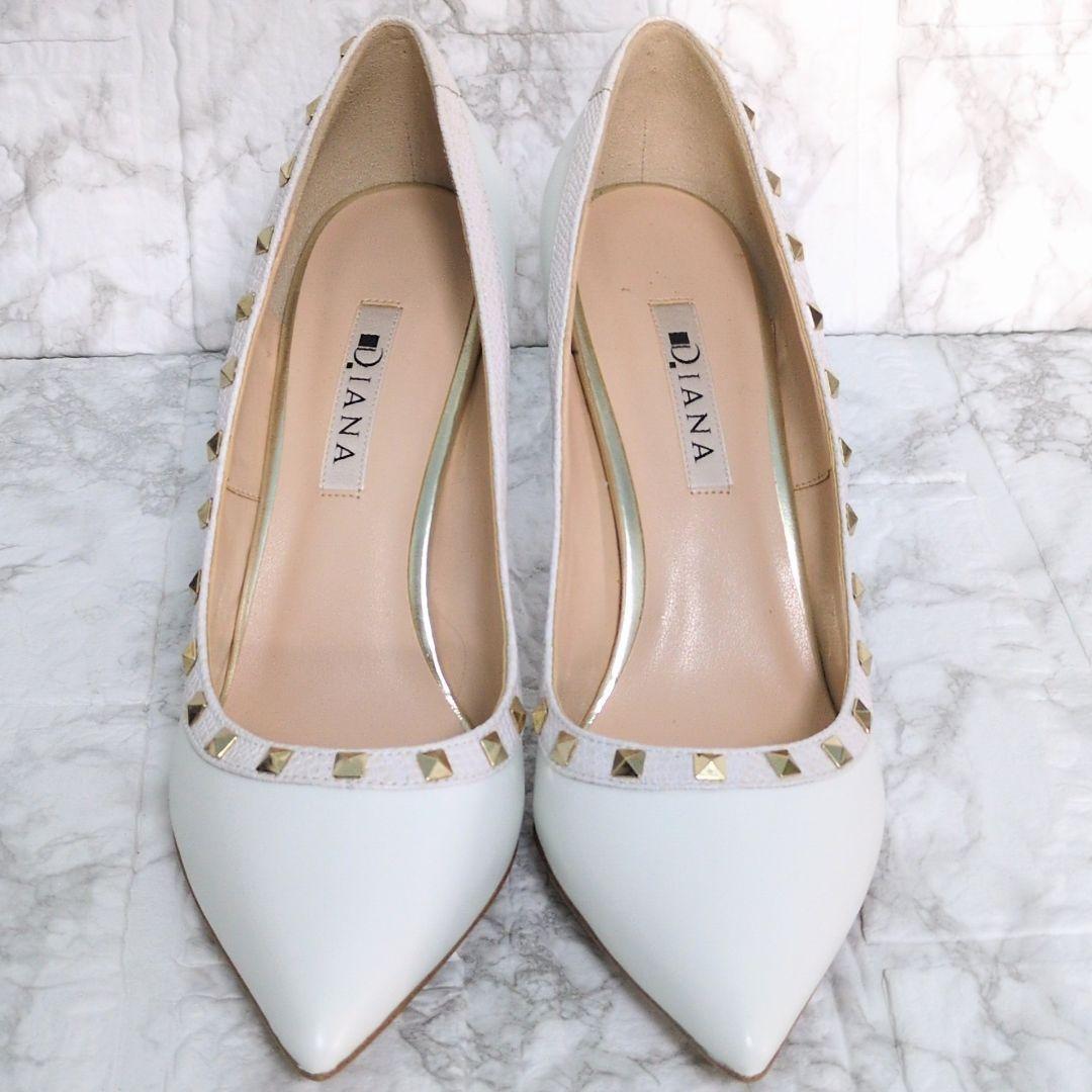 DIANA　パンプス　スタッズ　ホワイト　ハイヒール　ピンヒール　レザー　本革