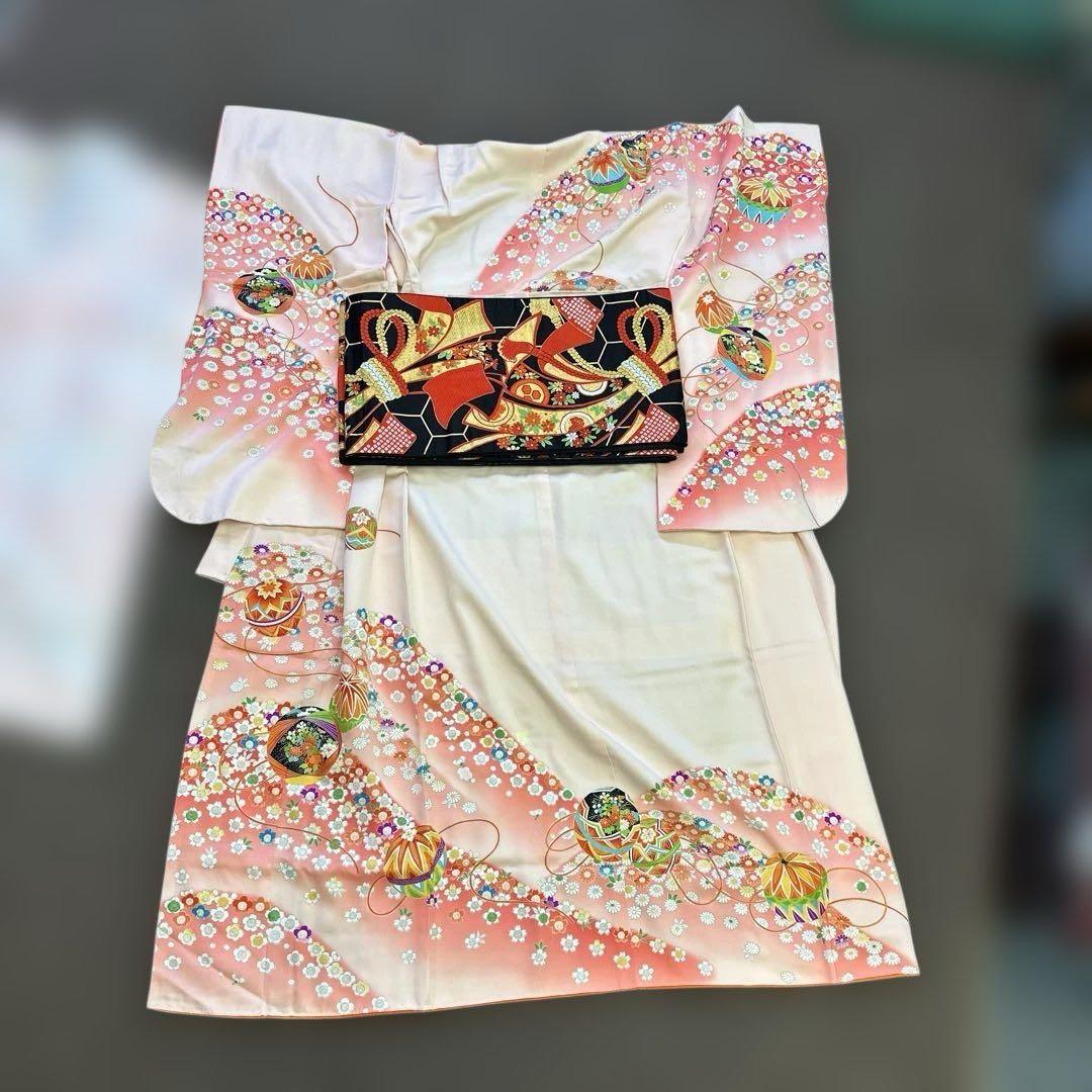 七五三用 女児着物 正絹　アンティークピンク 花柄　長襦袢　全通帯付き　7歳