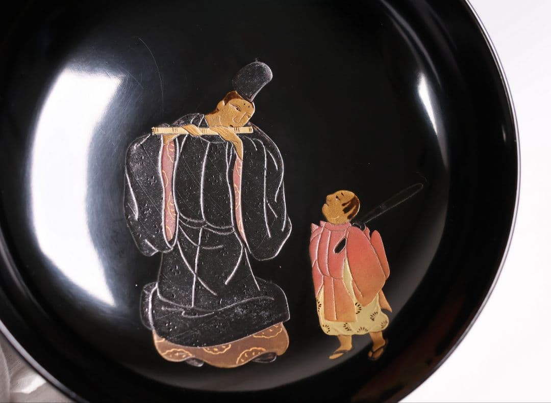 【MB196】輪島塗 天然木漆塗 黒塗椀 三客 蒔絵 大和絵 源氏絵 人物 昭和