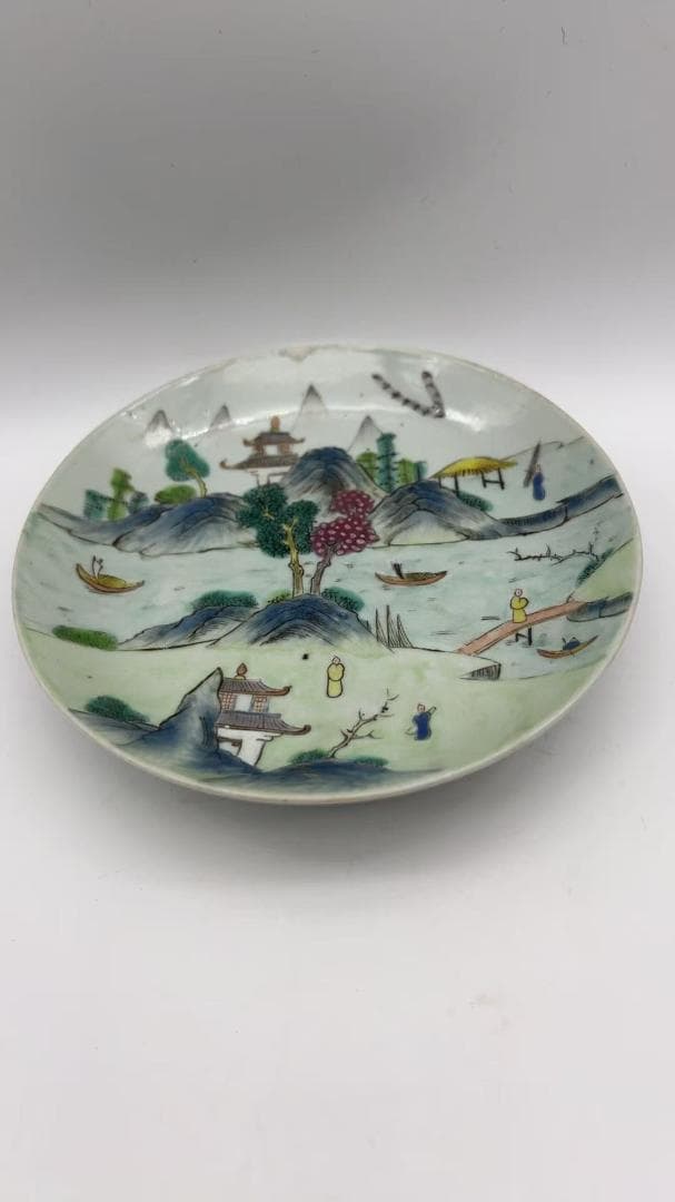 清道光時代 【道光年製】在銘 粉彩山水盤 豫章十景 章江曉渡図　(Y-7)