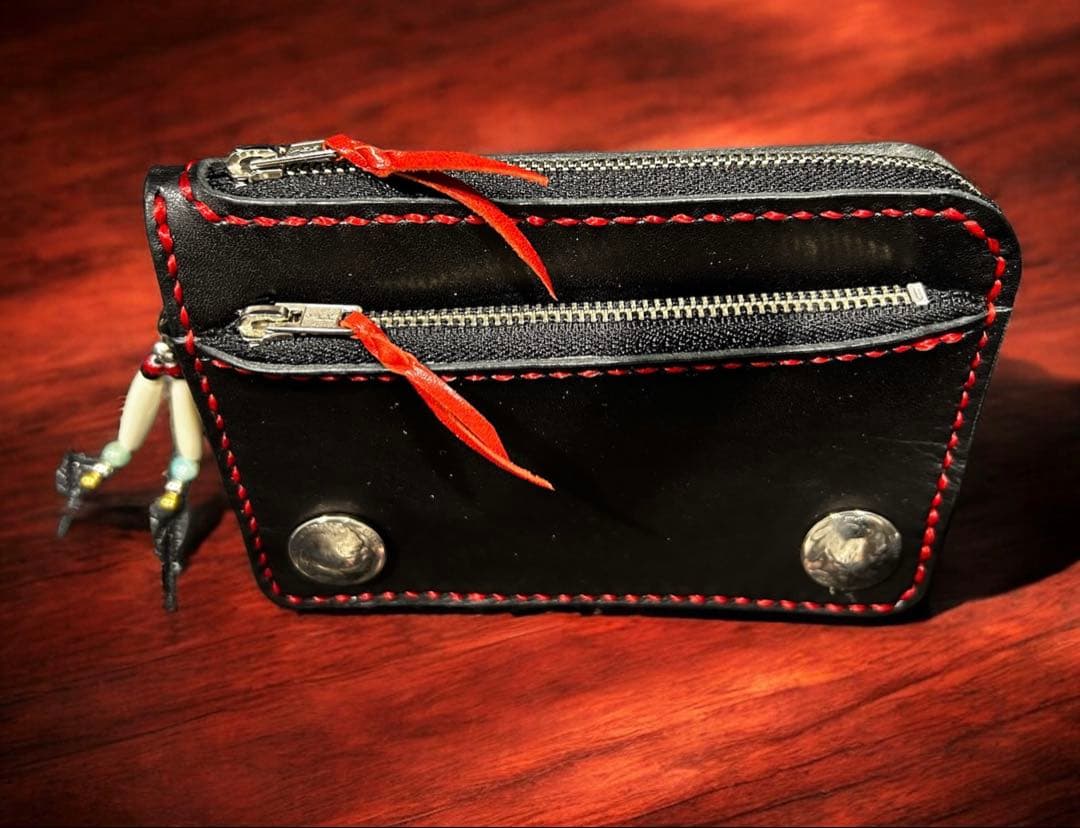Gravy Leather ダブルジップ 本革 ミニウォレット 黒 赤 小銭入れ