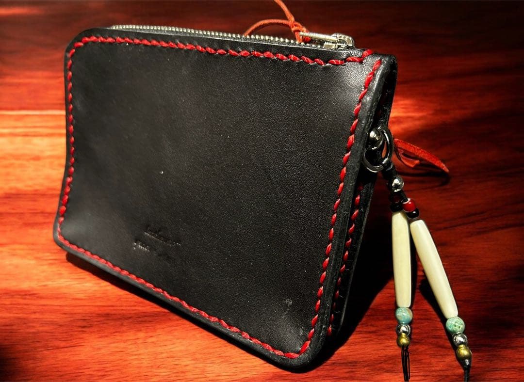 Gravy Leather ダブルジップ 本革 ミニウォレット 黒 赤 小銭入れ