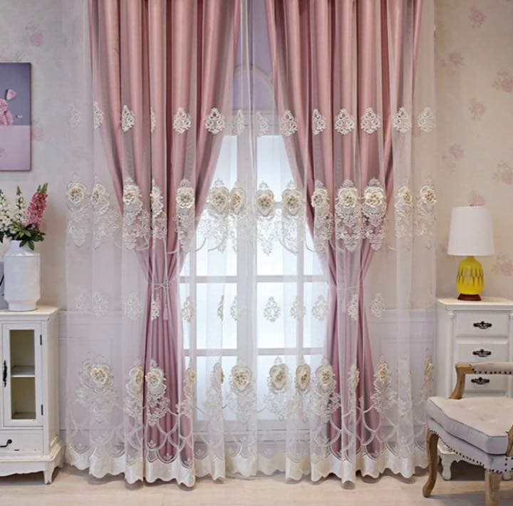 カーテン　刺繍　レースカーテン　遮光カーテン　4枚いり　二重カーテン　遮光　遮音