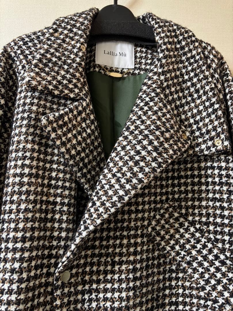 【新品】Lallia Mu ラリアムー　スタンドカラーチェックロングコート黒色