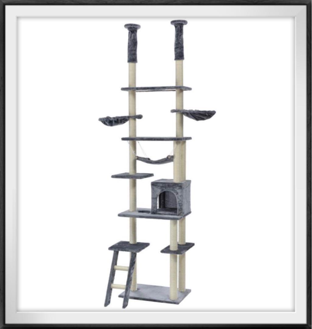 新品　キャットタワー　突っ張り型キャットタワー　グレー　全面麻紐　スリム　猫用品