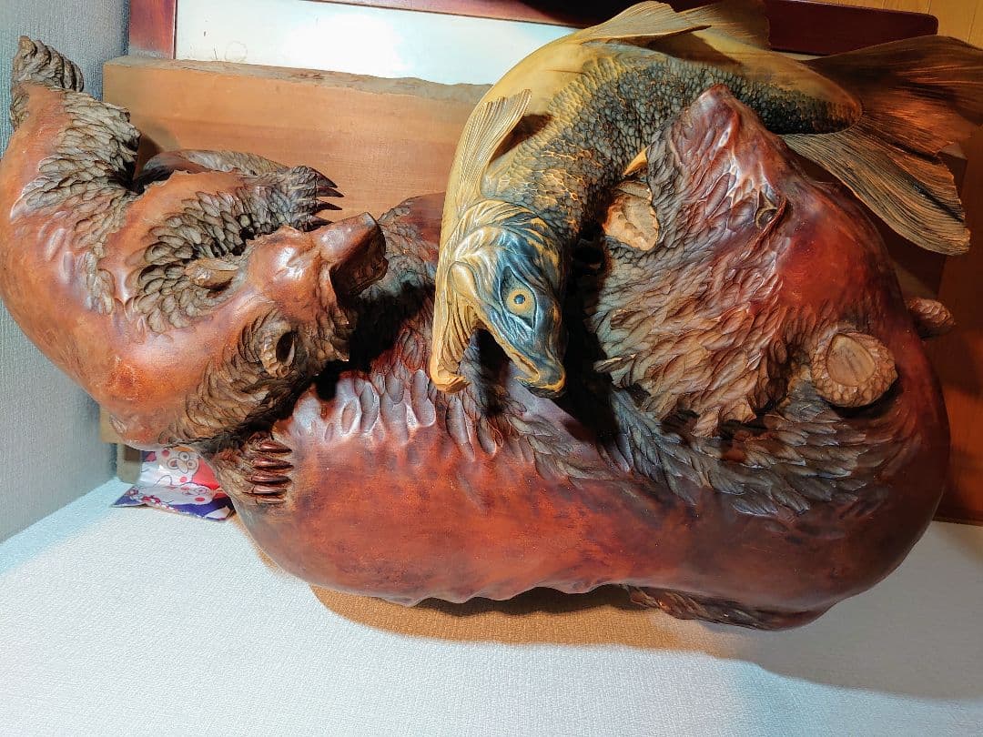 木彫り一刀彫り　親子熊　オブジェ