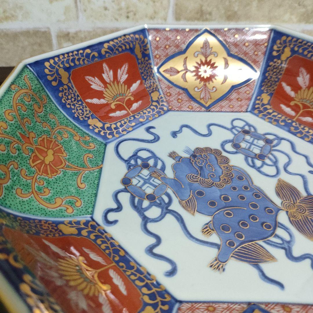 【未使用品】林九郎 有田焼 染錦獅子牡丹面取型鉢 預け鉢 八角皿 金蘭手