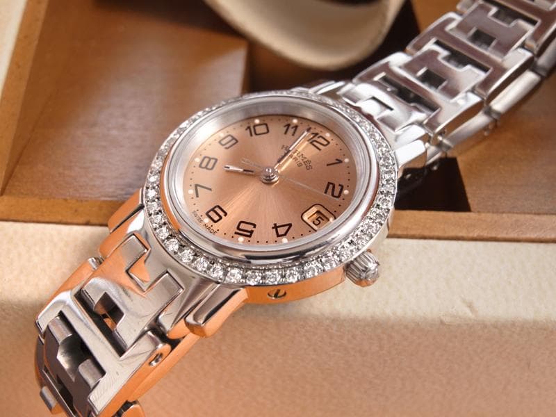 本物保証　エルメス　ウォッチ　ダイヤベゼル　ピンクゴールド文字盤