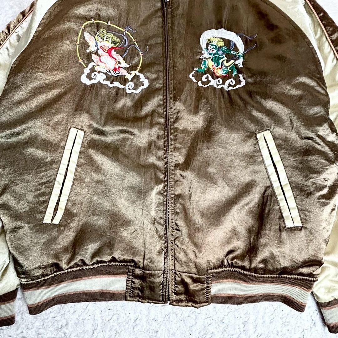 MS:NICK SIXX 風神雷神 スカジャン 刺繍 ブラウン中綿 サテン生地L