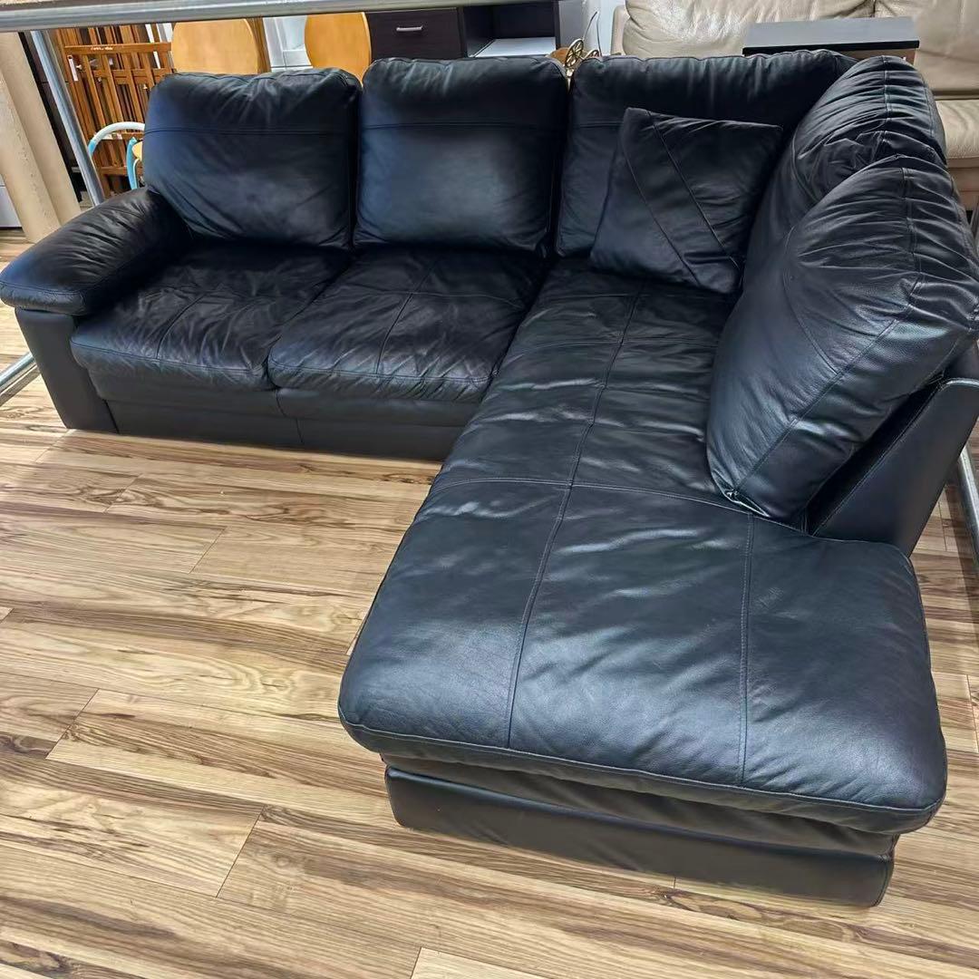 ニトリソファ本革合皮　右カウチ　ブラック3人掛けソファー