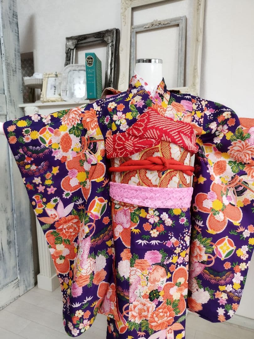 アンティーク百花繚乱☆紫の着物と作り帯のセット