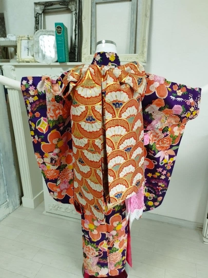 アンティーク百花繚乱☆紫の着物と作り帯のセット