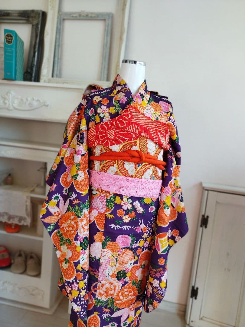 アンティーク百花繚乱☆紫の着物と作り帯のセット