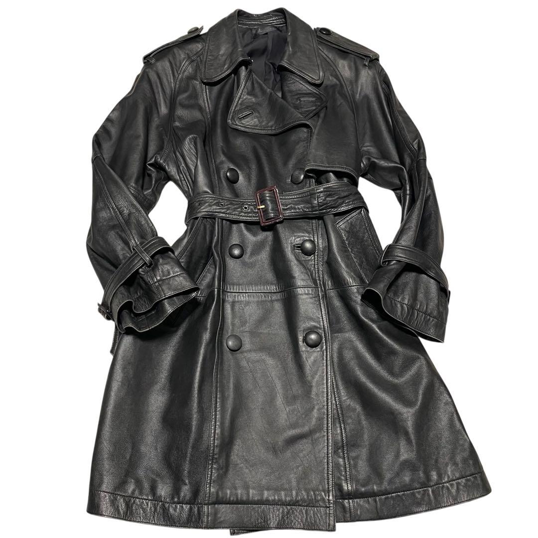 【vintage】羊革 本革 マキシ丈ラムレザートレンチコート ブラック M