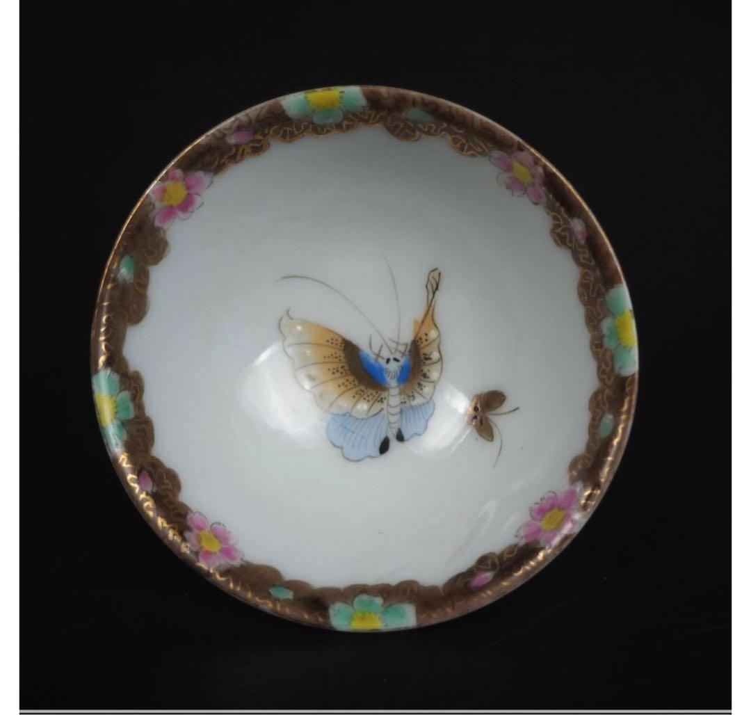 送料無料　京焼 大日本永楽製　蝶々紋色絵煎茶碗５客　茶道具 煎茶道具