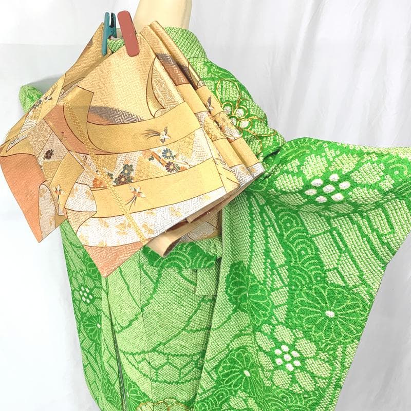 411aj49〇総絞り ジュニア振袖＆袋帯 金駒刺繍 銀駒刺繍 十三参り〇美品