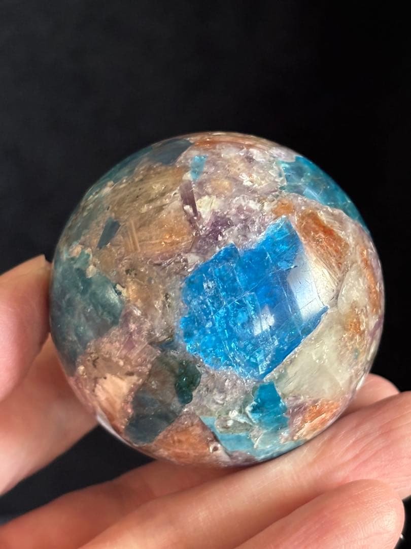 アパタイト&サンストーン&レピドライト&トルマリン共生　スフィア　5.25cm
