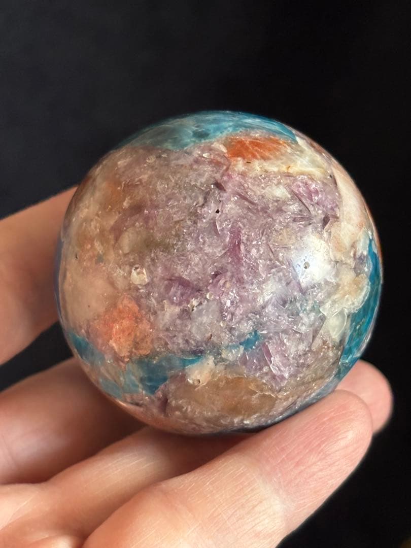 アパタイト&サンストーン&レピドライト&トルマリン共生　スフィア　5.25cm