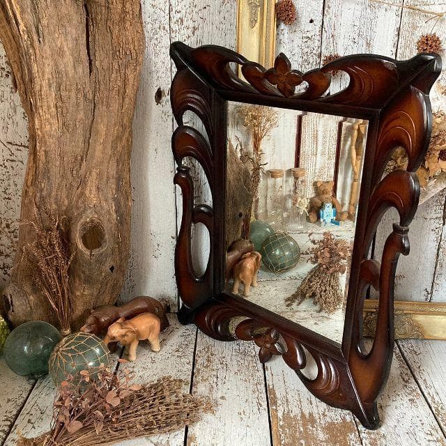 ヴィンテージ*アイヌ 彫刻*古い 木彫り ウッドフレーム ウォールミラー壁掛け鏡