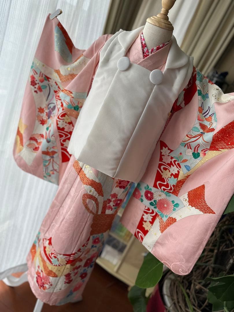 3歳用 七五三セット ピンクに熨斗柄キモノとアイボリーの被布、長襦袢3点セット