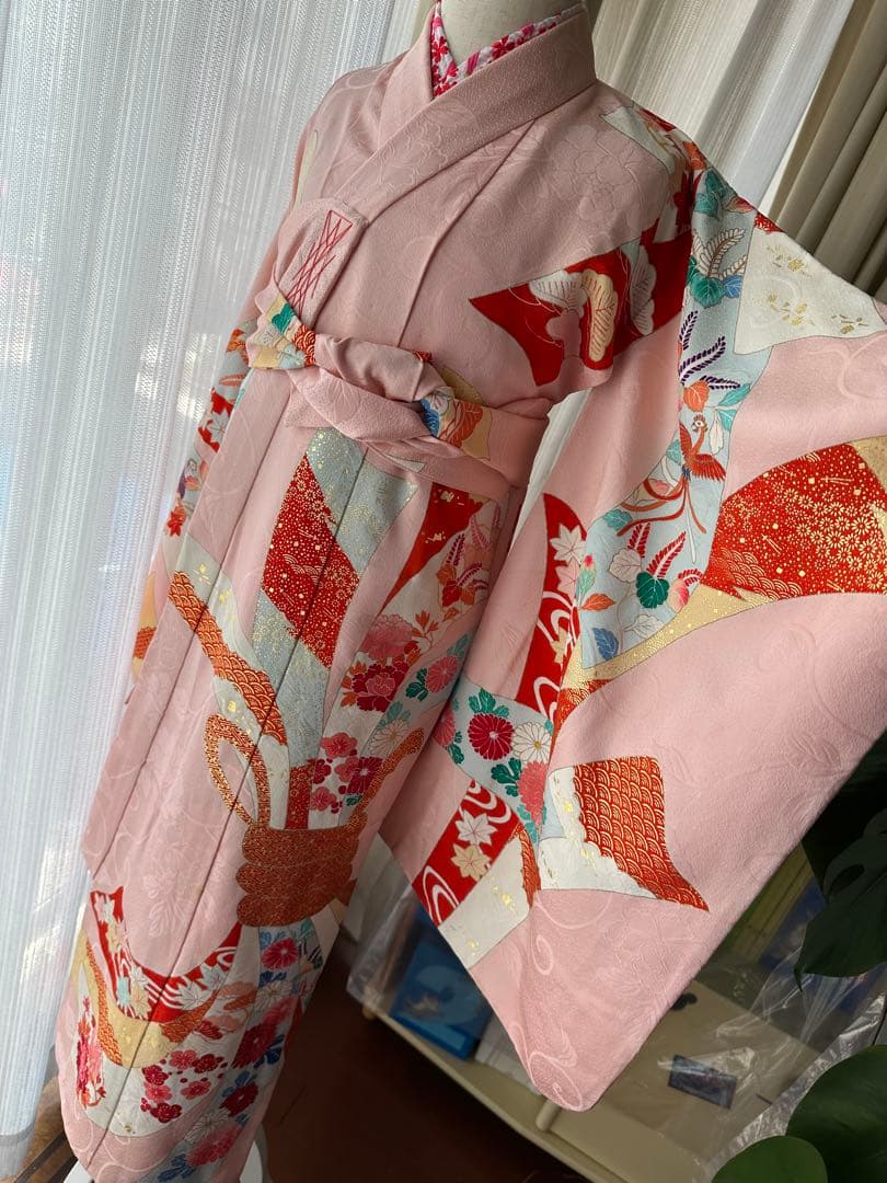 3歳用 七五三セット ピンクに熨斗柄キモノとアイボリーの被布、長襦袢3点セット