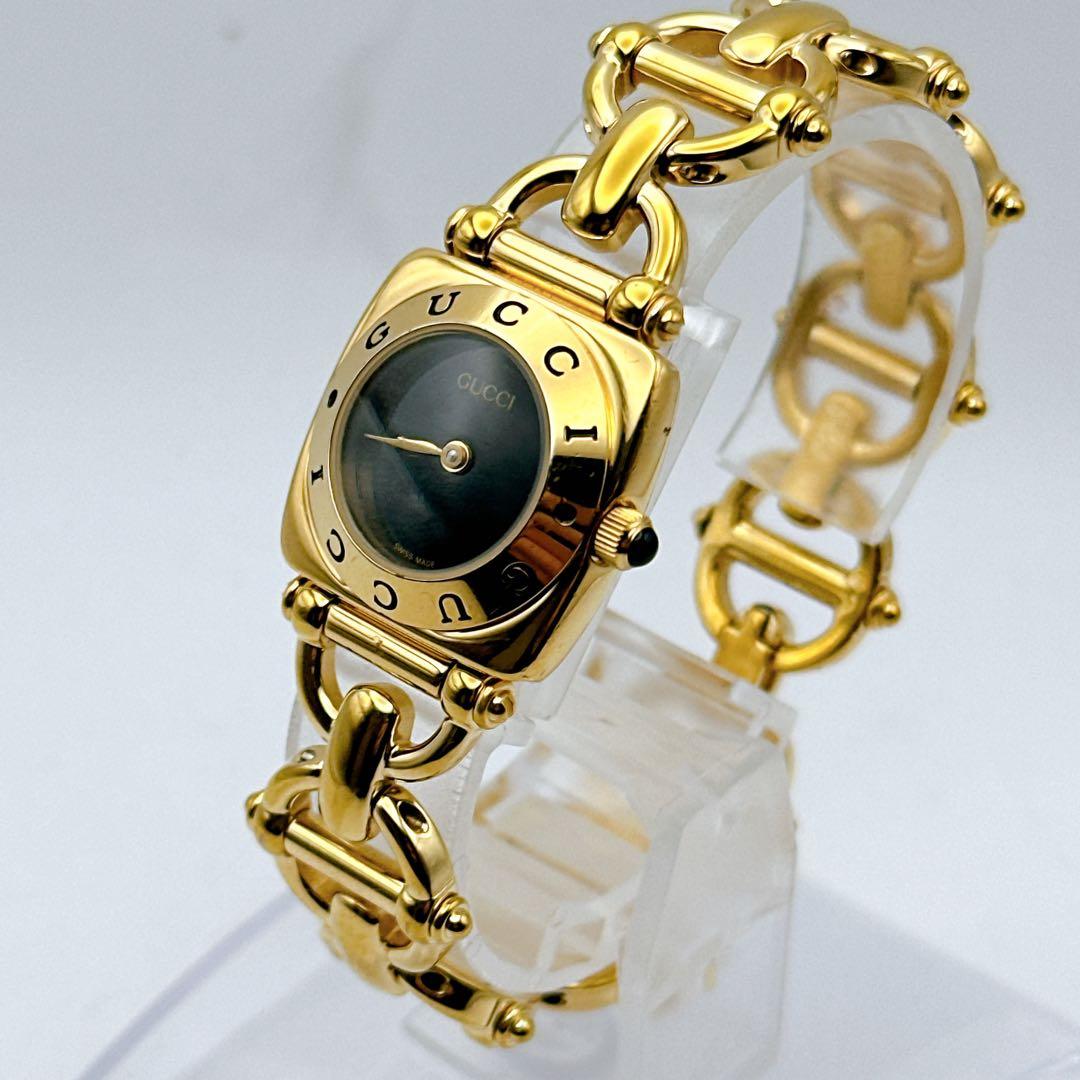 美品 稼動 GUCCI グッチ 6400L レディース腕時計 ゴールド 黒文字盤