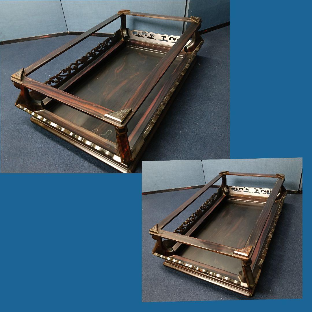 AO36 縞黒檀 平卓 花台 香炉 盆栽台 飾台 透し彫り