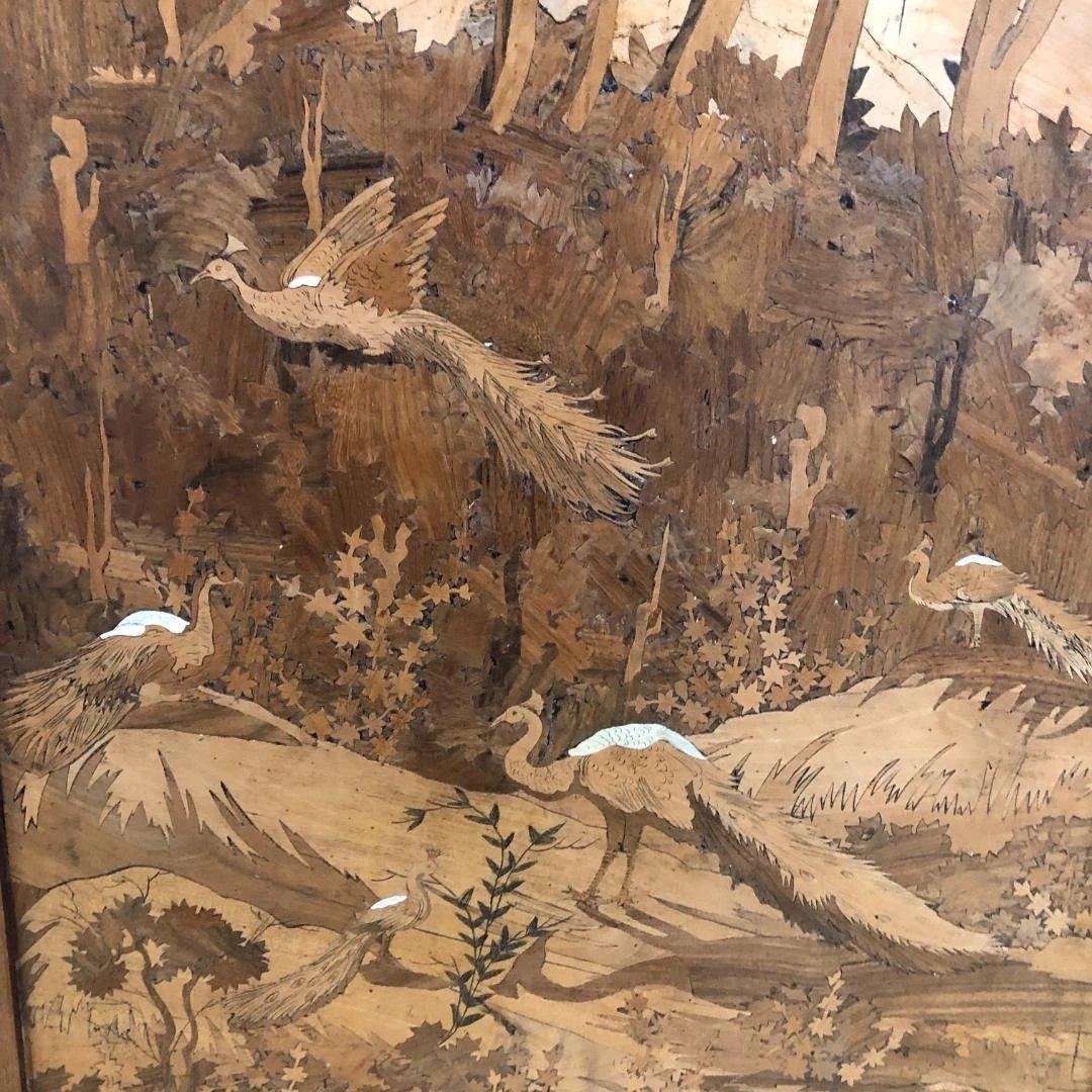 昭和52年製 木象嵌 三連衝立 松に孔雀 瑞鳥 神戸税関検査印 260117-1