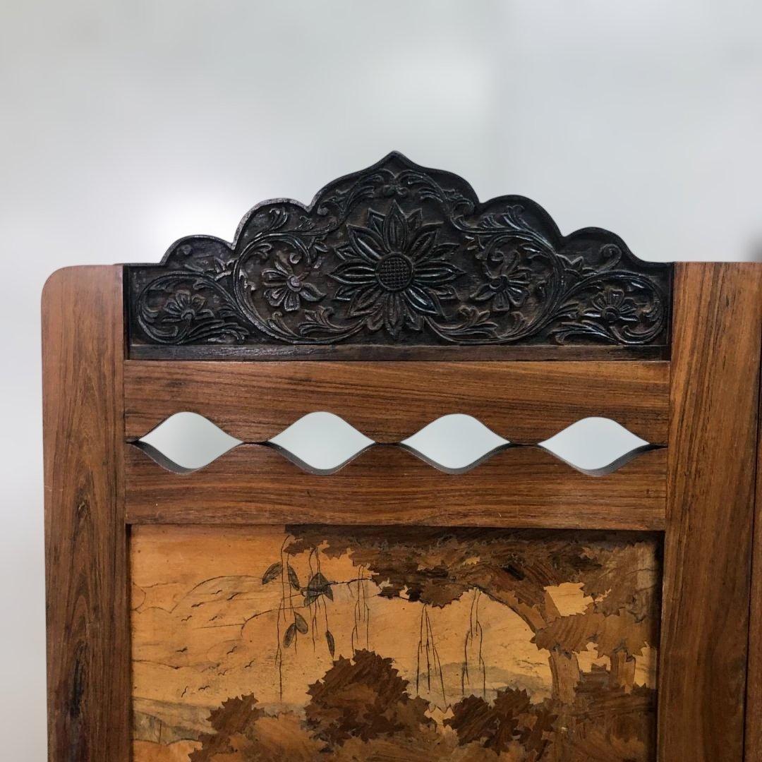 昭和52年製 木象嵌 三連衝立 松に孔雀 瑞鳥 神戸税関検査印 260117-1