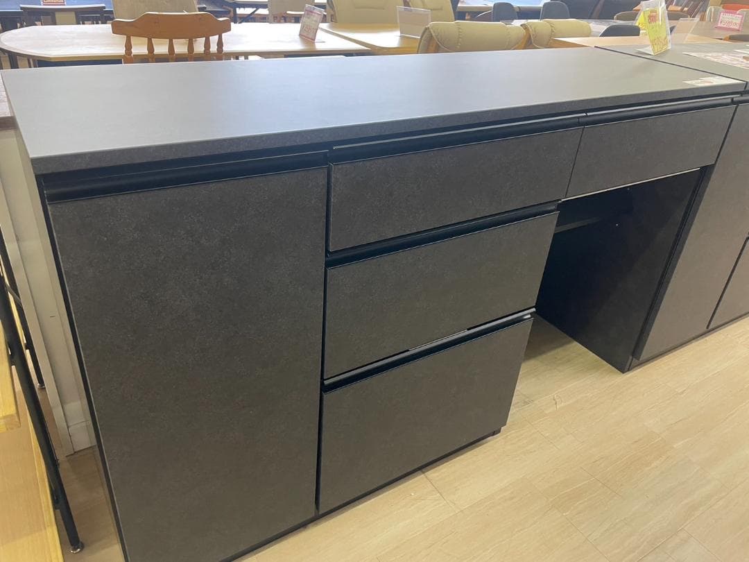 キッチンカウンター　幅155　サイドボード　ブラック　ラック　食器棚　大理石　棚