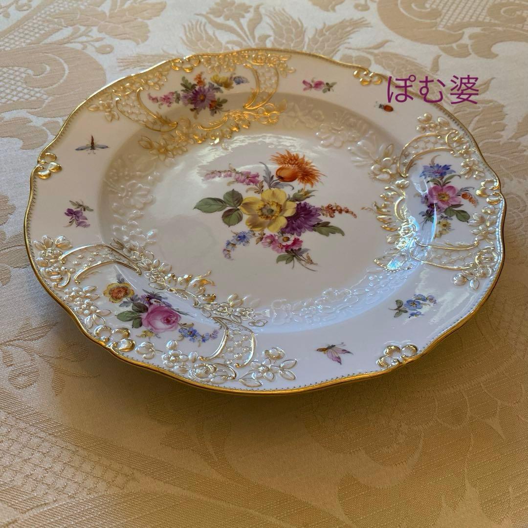 【古マイセン】金彩 花絵皿「ノイマルセイユ／フラワーブーケと昆虫」No.6