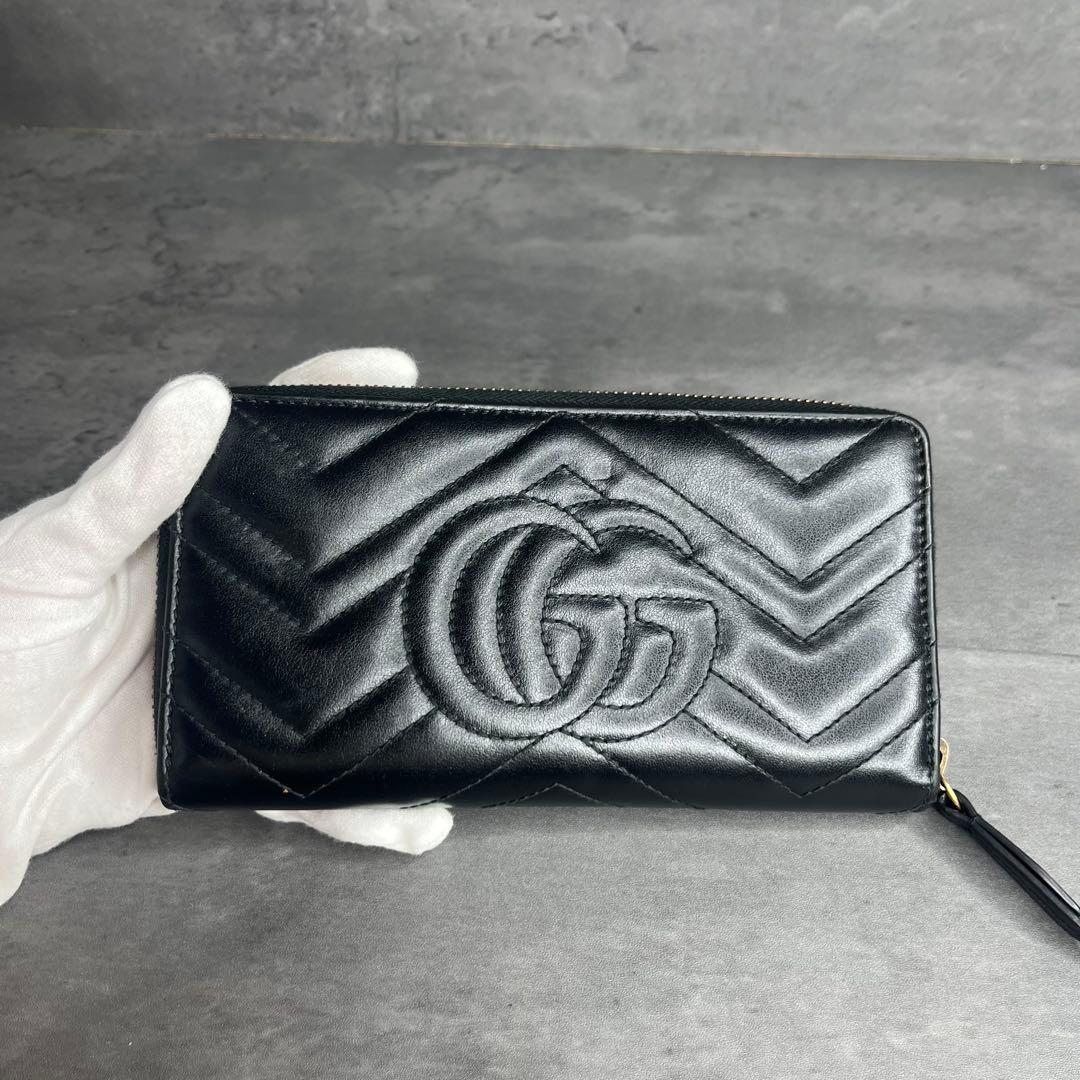 【美品】GUCCI GGマーモント 長財布 ラウンドファスナー キルティング 黒
