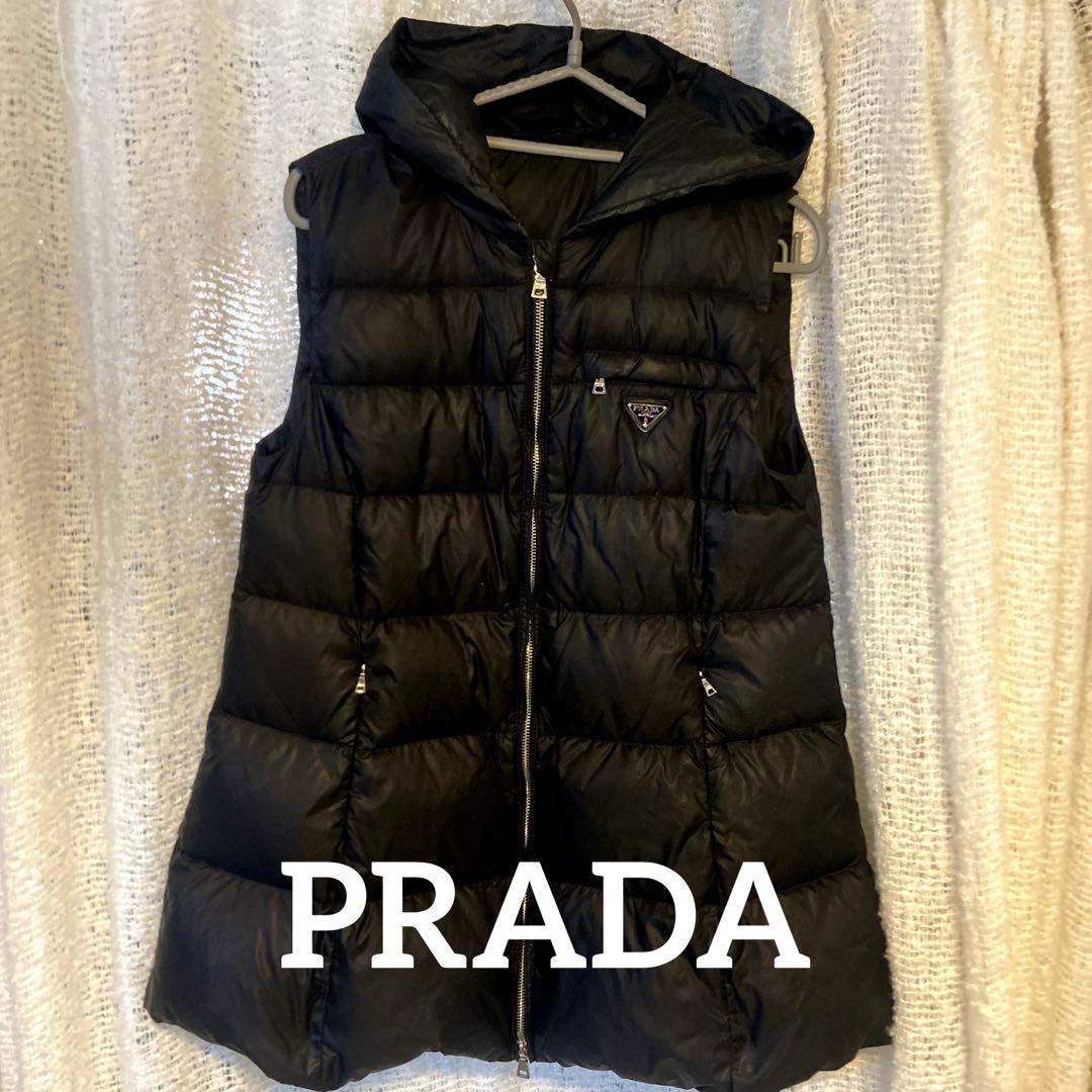 【良品】PRADA ロゴ プレート ダウン ベスト アウター ロング ナイロン