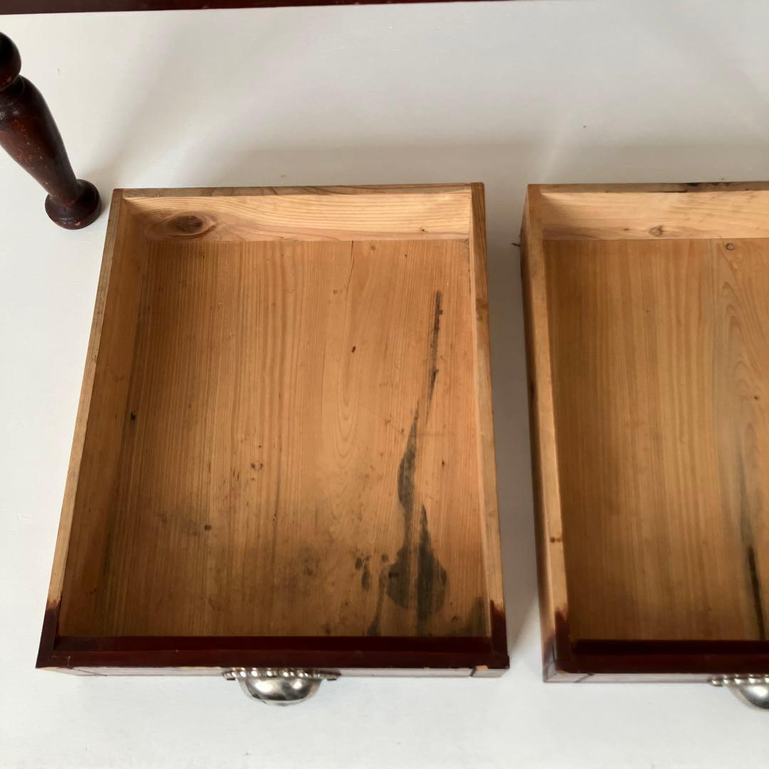 古い文机　ろくろ脚　木製ダークブラウンテーブル 引き出し付き