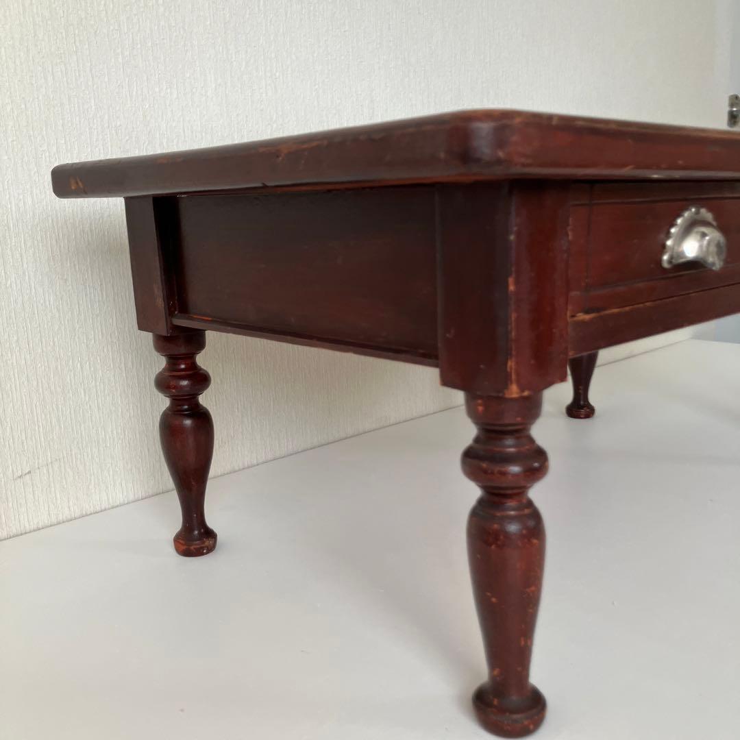 古い文机　ろくろ脚　木製ダークブラウンテーブル 引き出し付き